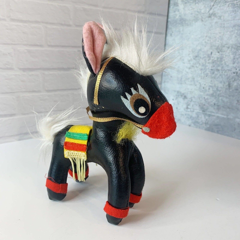 Vintage Black Leather Horse Donkey Toy Figure Felt 7 Inches